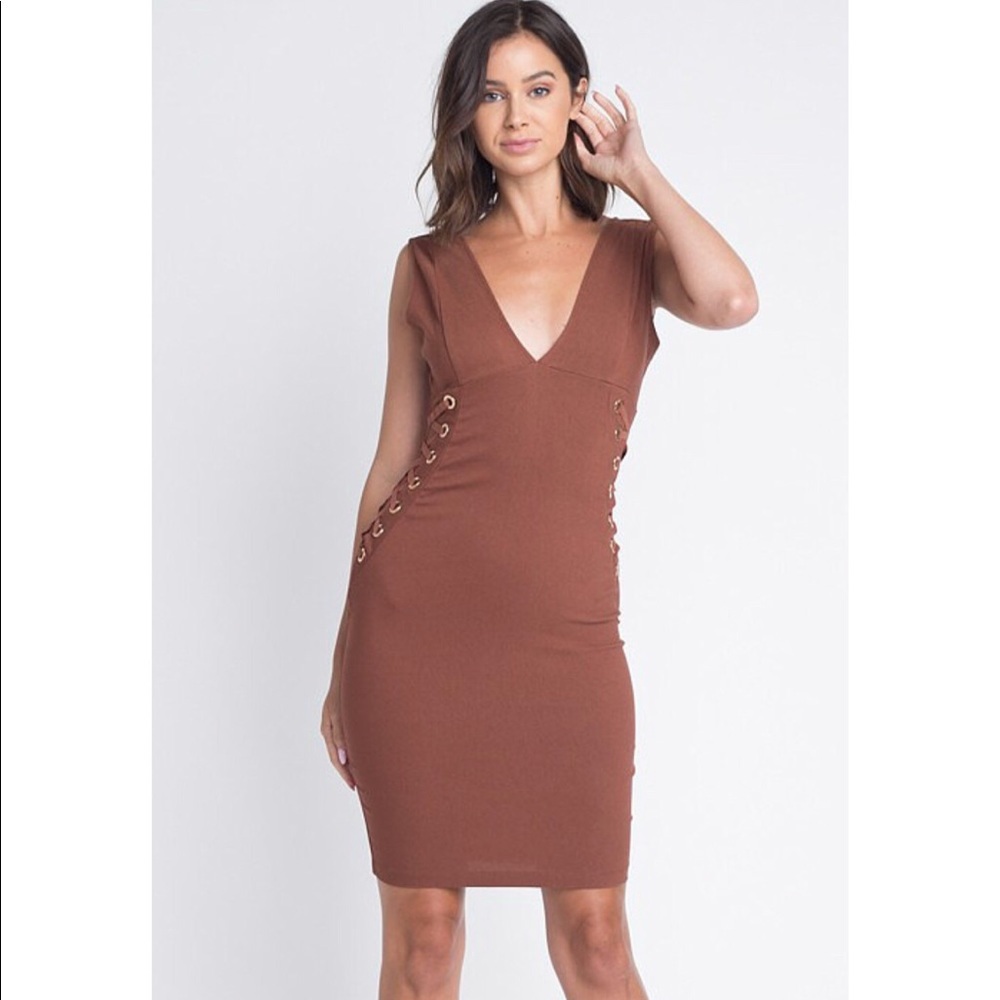 Rust V-neck  Lace Up Detail Dress